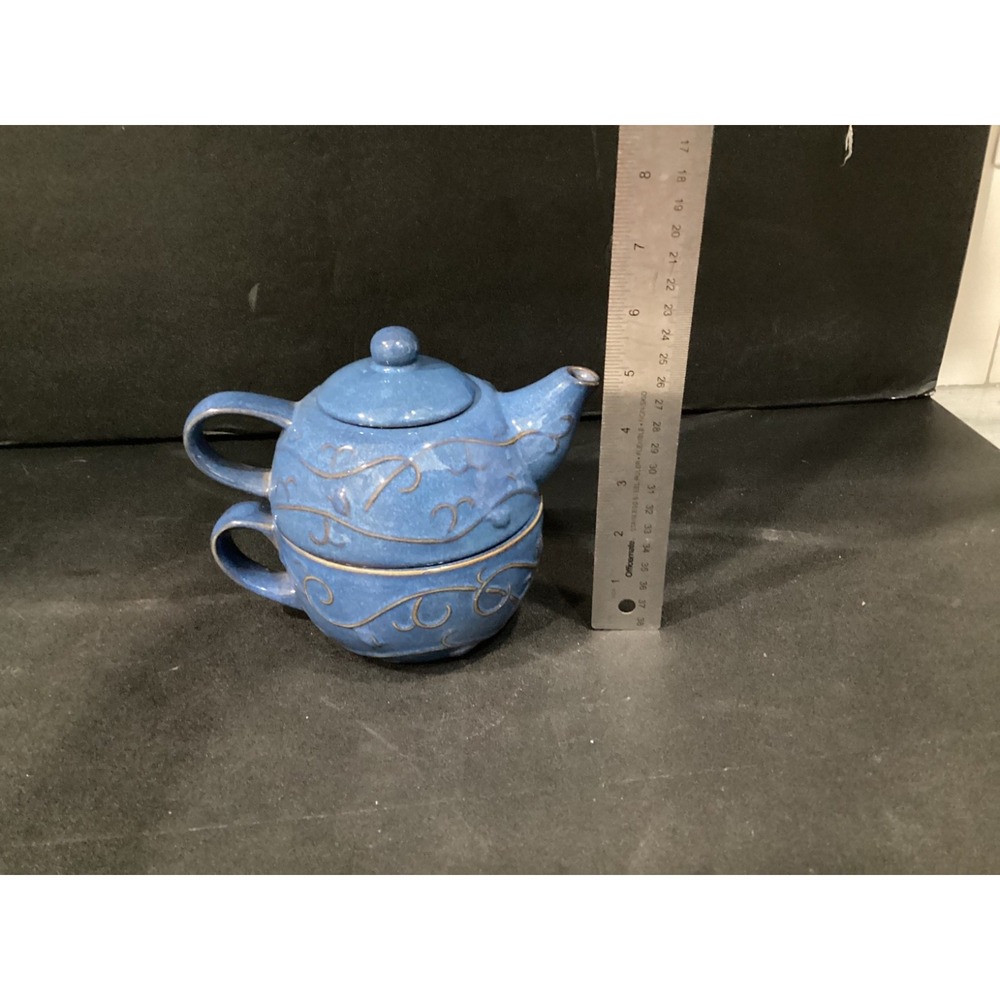 Pier 1 Blue Stoneware Stackable Tea Set Tea Pot Lid and Cup Mug Glazed